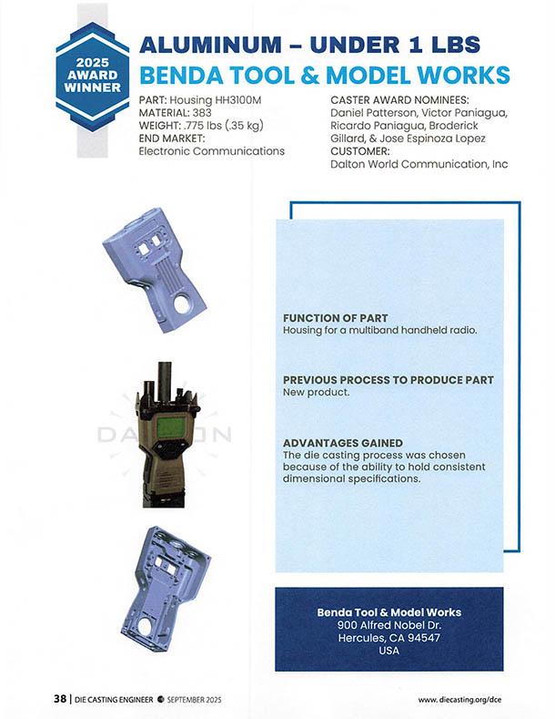 A&B Die Casting, a division of Benda Tool & Model Works, Wins NADCA 2025 Award for Aluminum Casting Under 1 lb.
